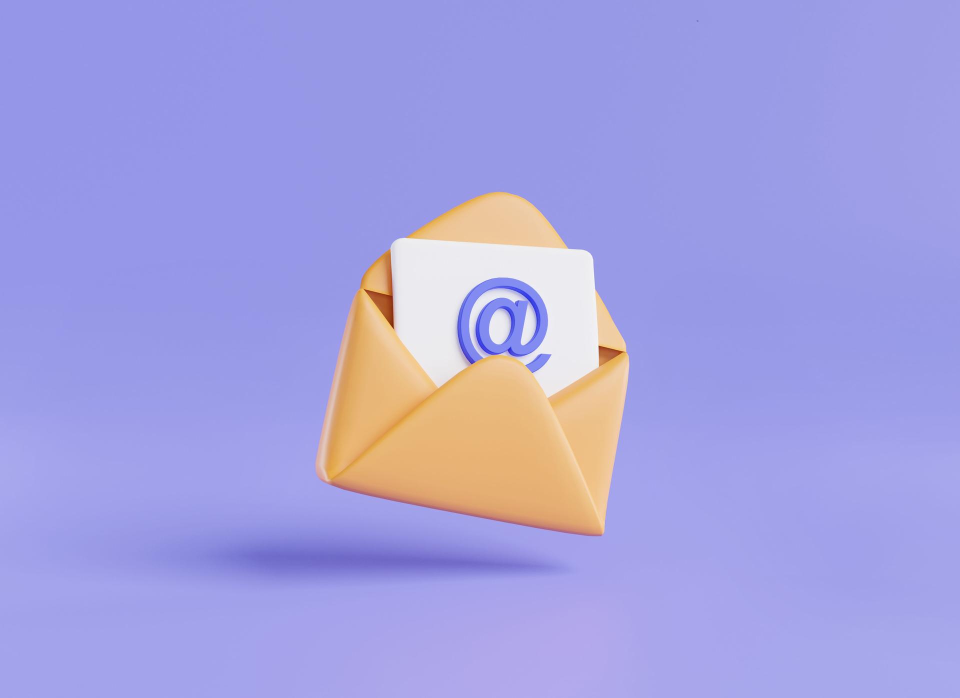 Illustration de rendu d’icône 3d d’enveloppe avec document en papier lettre. Icône de courrier, message en ligne, message électronique, icône de courrier, carte et invitations. Style minimal de dessin animé sur fond violet